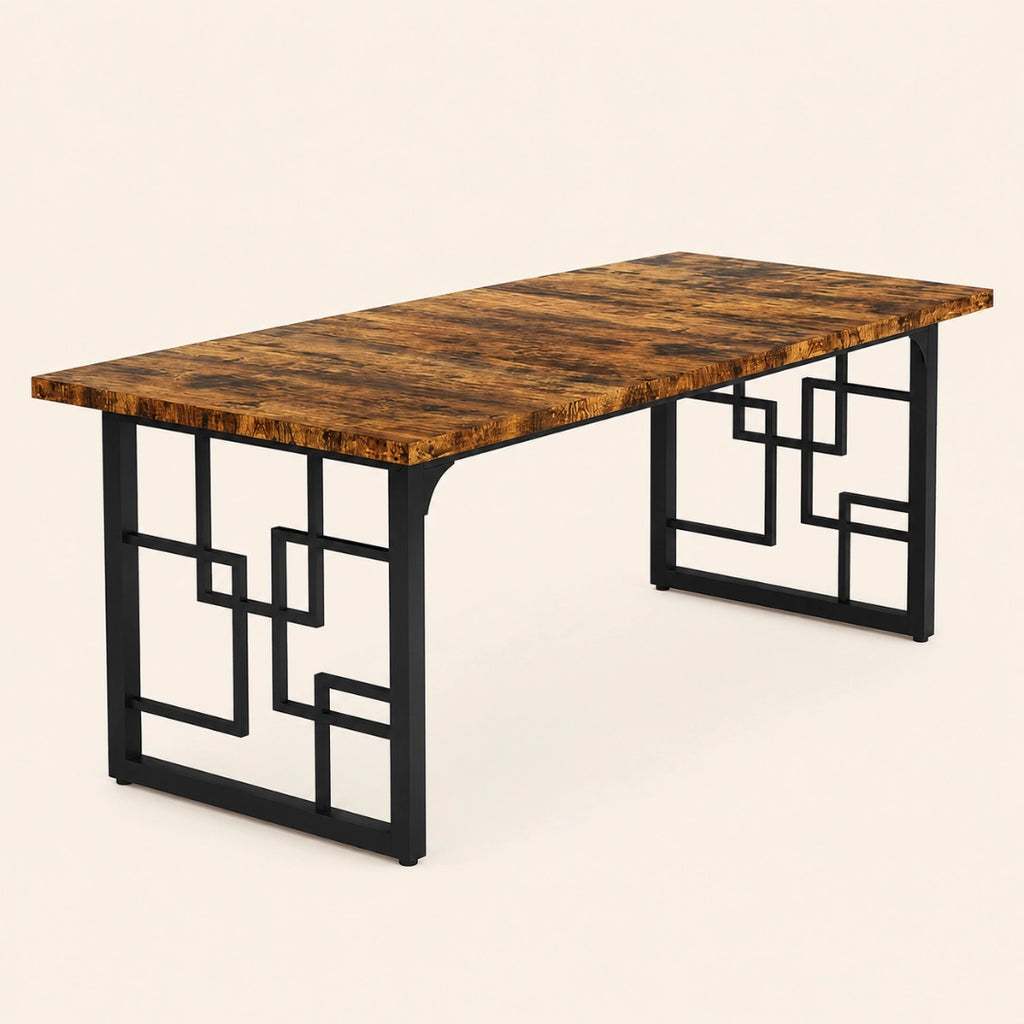 Table Rectangulaire 160 cm Style Industriel - Plateau Brun Rustique & Pieds Métal Motif Géométrique | 6 Personnes