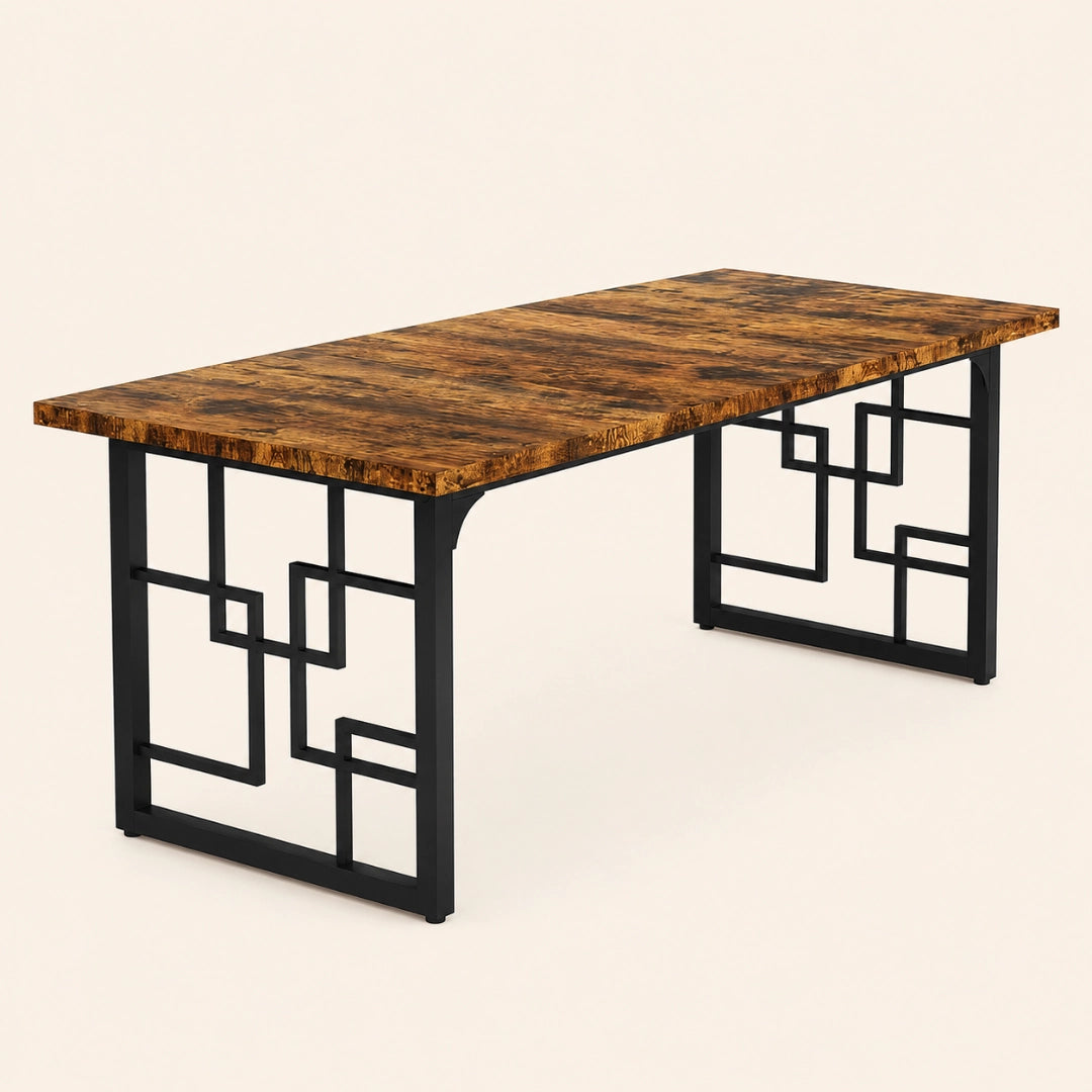 Table Rectangulaire 160 cm Style Industriel - Plateau Brun Rustique & Pieds Métal Motif Géométrique | 6 Personnes