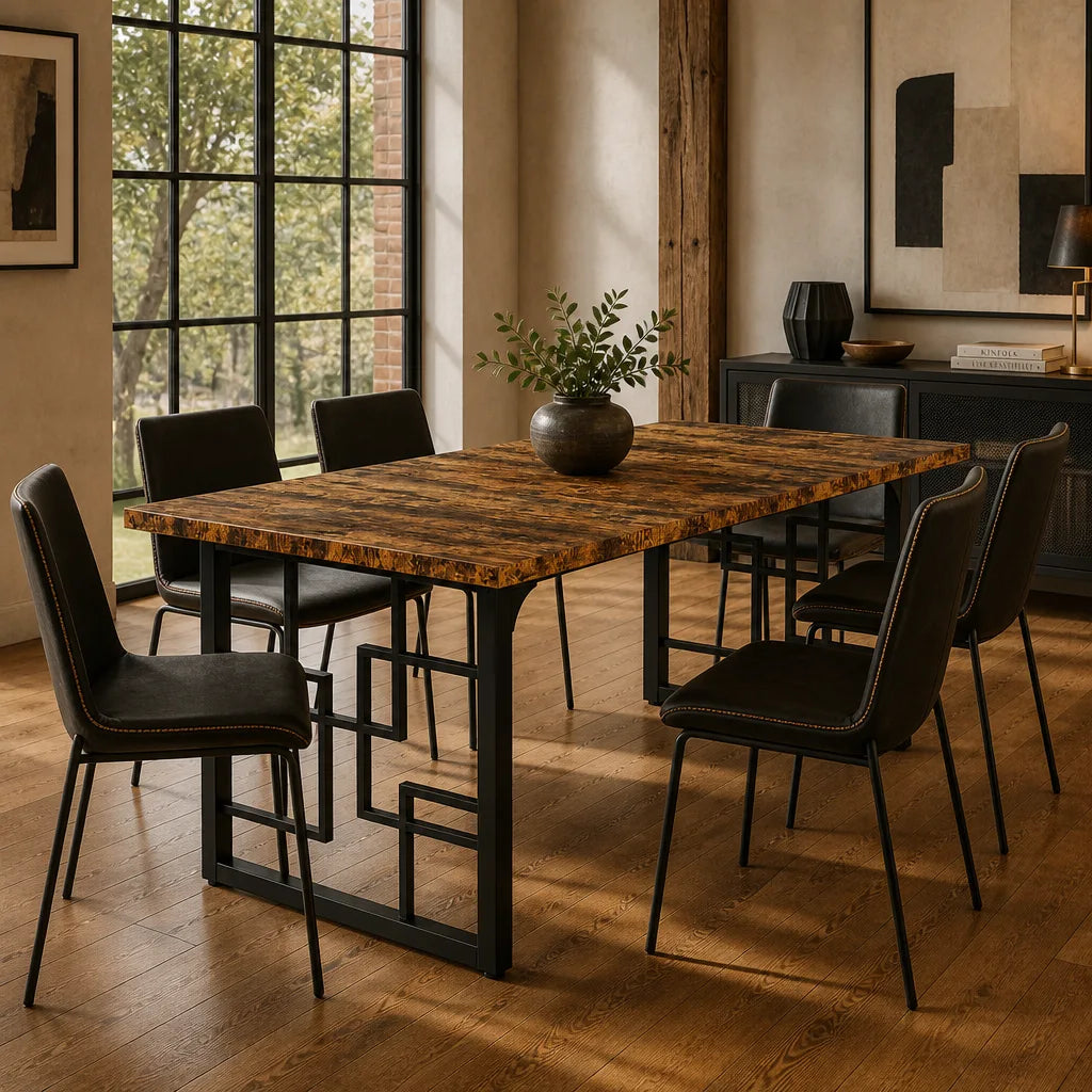 Table Rectangulaire 160 cm Style Industriel - Plateau Brun Rustique & Pieds Métal Motif Géométrique | 6 Personnes