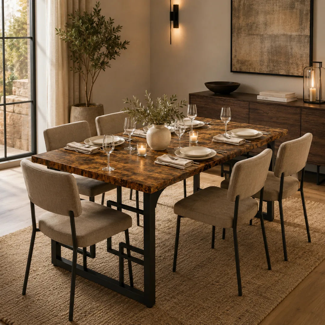 Table Rectangulaire 160 cm Style Industriel - Plateau Brun Rustique & Pieds Métal Motif Géométrique | 6 Personnes