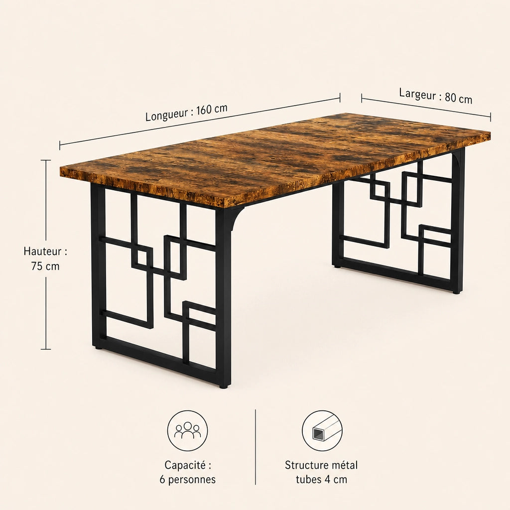 Table Rectangulaire 160 cm Style Industriel - Plateau Brun Rustique & Pieds Métal Motif Géométrique | 6 Personnes