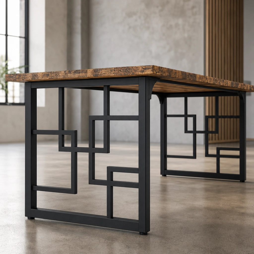 Table Rectangulaire 160 cm Style Industriel - Plateau Brun Rustique & Pieds Métal Motif Géométrique | 6 Personnes
