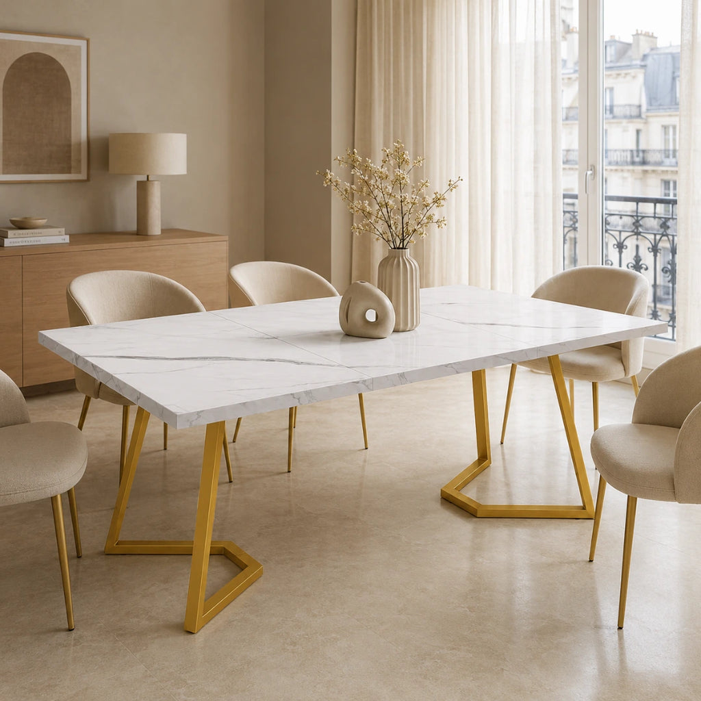 Table Rectangulaire 140 cm Blanc & Or - Plateau Effet Marbre & Pieds Métal Dorés | 6 Personnes