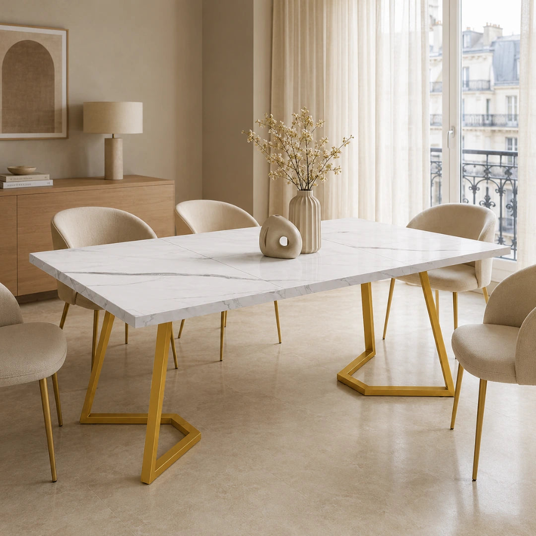Table Rectangulaire 140 cm Blanc & Or - Plateau Effet Marbre & Pieds Métal Dorés | 6 Personnes