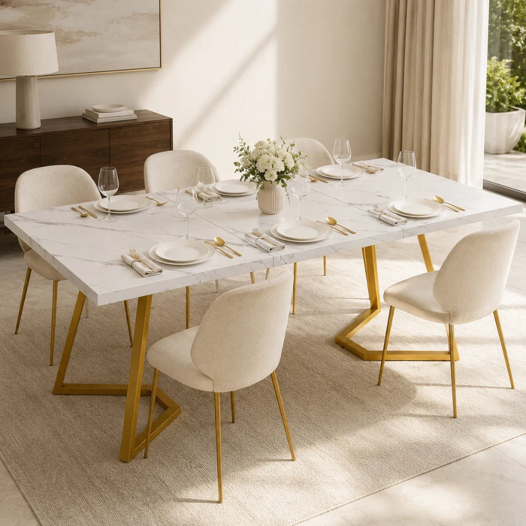 Table Rectangulaire 140 cm Blanc & Or - Plateau Effet Marbre & Pieds Métal Dorés | 6 Personnes