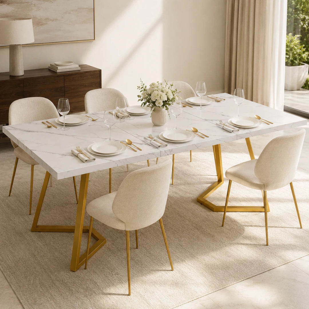 Table Rectangulaire 140 cm Blanc & Or - Plateau Effet Marbre & Pieds Métal Dorés | 6 Personnes