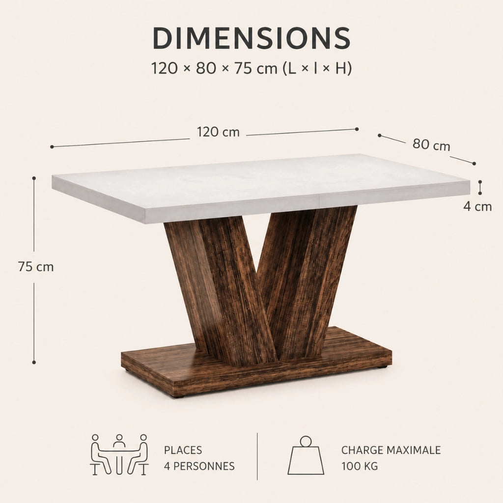 Table Rectangulaire 120 cm Blanc & Bois - Plateau Blanc & Socle en V Bois Foncé | 4 Personnes