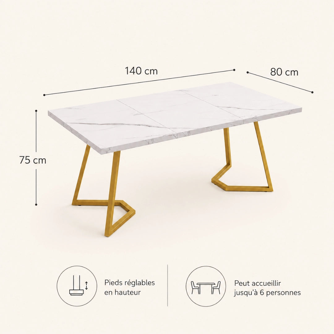 Table Rectangulaire 140 cm Blanc & Or - Plateau Effet Marbre & Pieds Métal Dorés | 6 Personnes