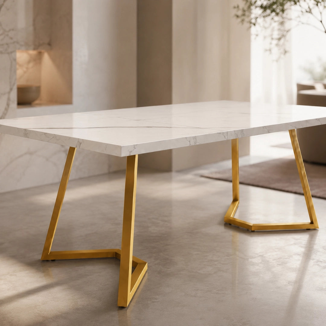 Table Rectangulaire 140 cm Blanc & Or - Plateau Effet Marbre & Pieds Métal Dorés | 6 Personnes