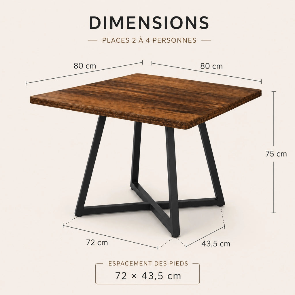 Table Carrée 80 cm Style Industriel - Plateau MDF Brun Rustique & Structure Acier Noir | 2 à 4 Personnes