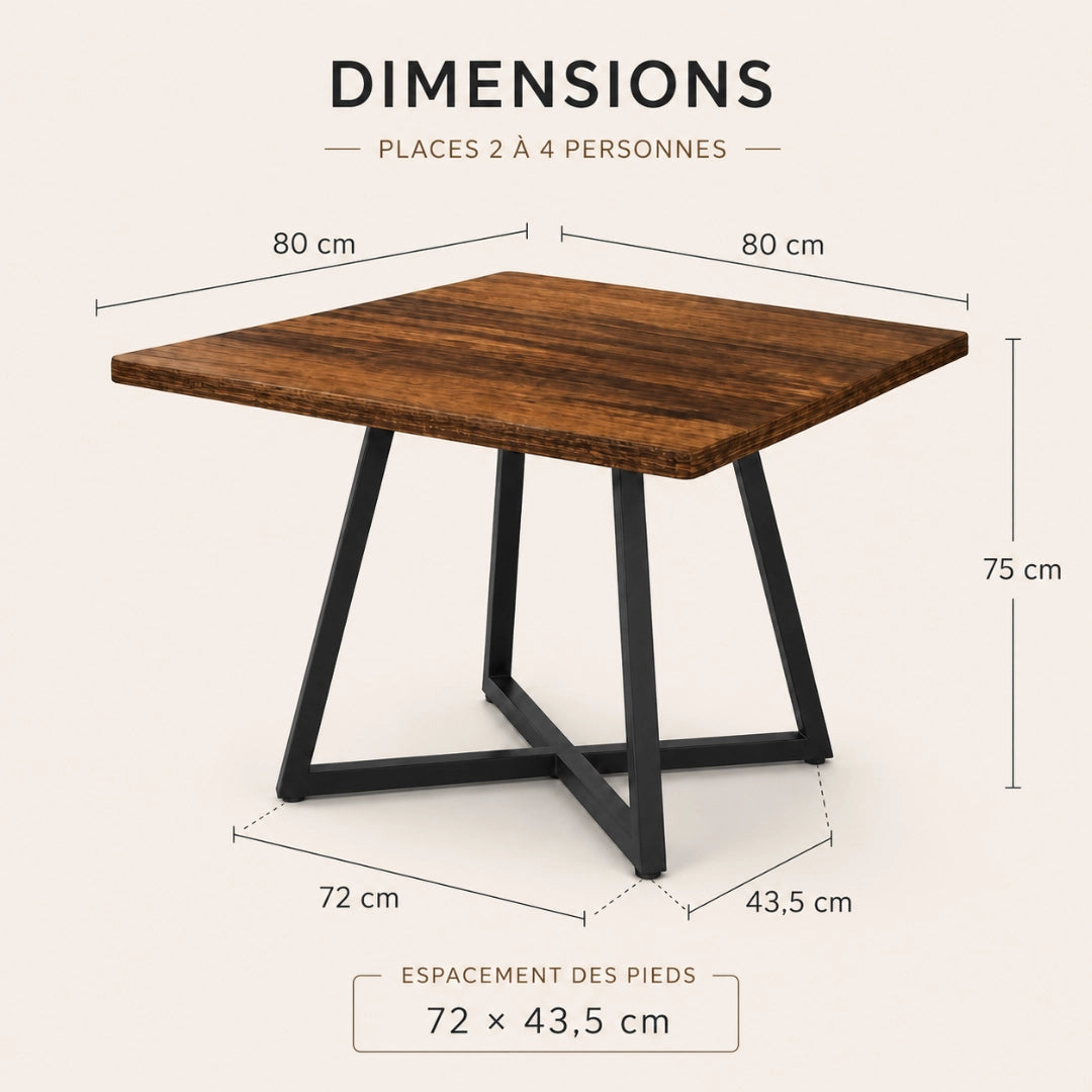 Table Carrée 80 cm Style Industriel - Plateau MDF Brun Rustique & Structure Acier Noir | 2 à 4 Personnes