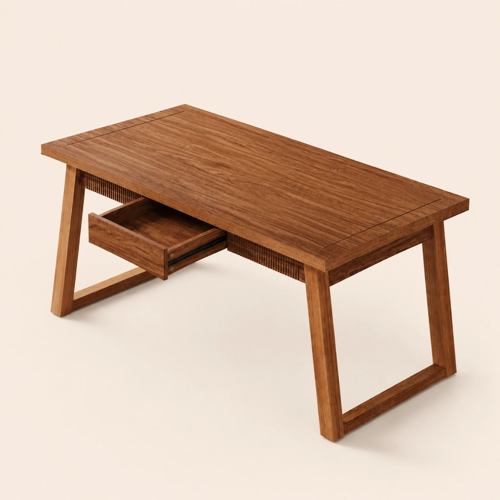 Table Rectangulaire 140 cm Mid-Century Modern - Bois Massif & MDF, Tiroir Cannage Intégré | 4 à 6 Personnes