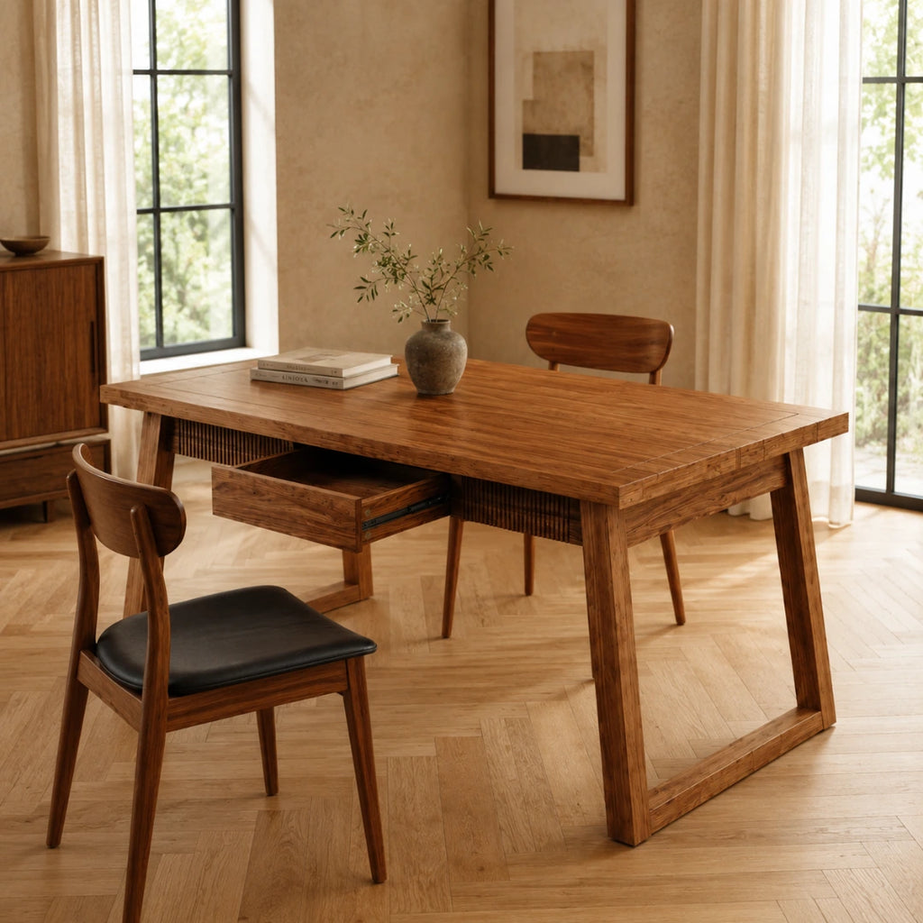 Table Rectangulaire 140 cm Mid-Century Modern - Bois Massif & MDF, Tiroir Cannage Intégré | 4 à 6 Personnes