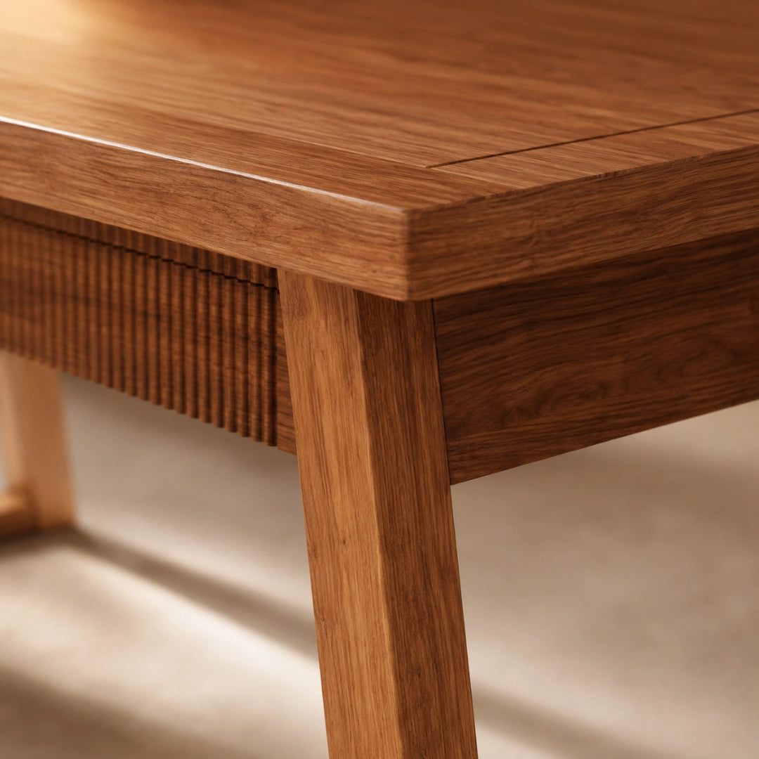 Table Rectangulaire 140 cm Mid-Century Modern - Bois Massif & MDF, Tiroir Cannage Intégré | 4 à 6 Personnes