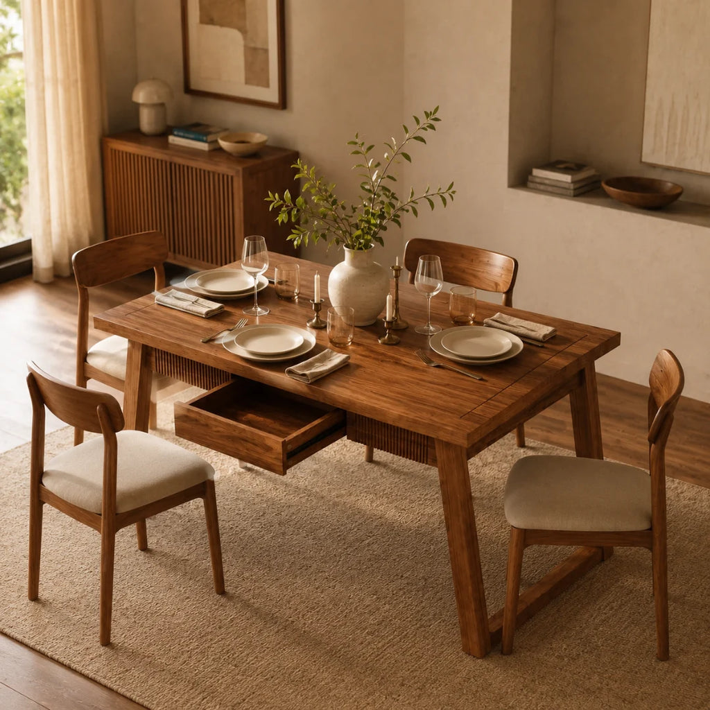 Table Rectangulaire 140 cm Mid-Century Modern - Bois Massif & MDF, Tiroir Cannage Intégré | 4 à 6 Personnes