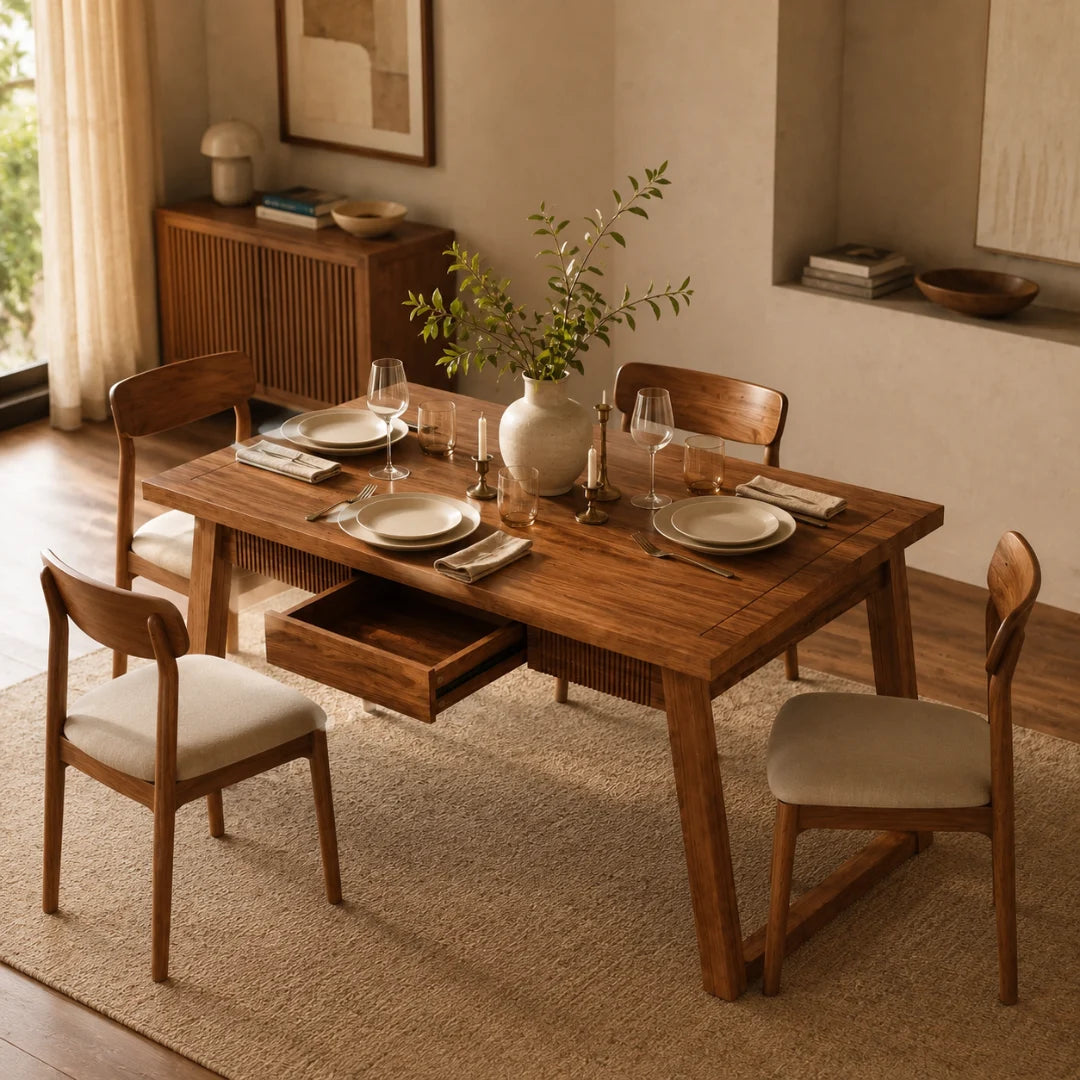 Table Rectangulaire 140 cm Mid-Century Modern - Bois Massif & MDF, Tiroir Cannage Intégré | 4 à 6 Personnes