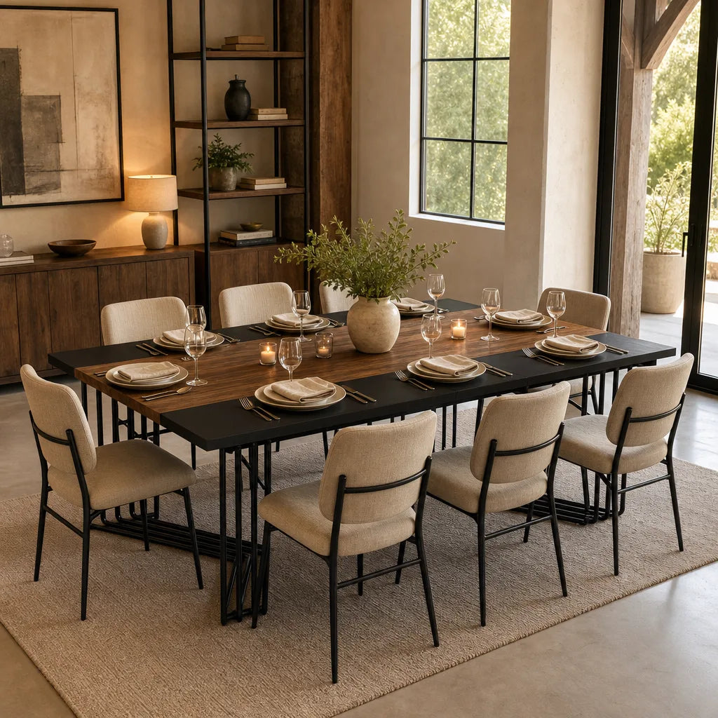 Grande Table Rectangulaire 200 cm Style Industriel - Plateau Bicolore Bois & Noir, Cadre Métal Barreaux | 8 à 10 Personnes