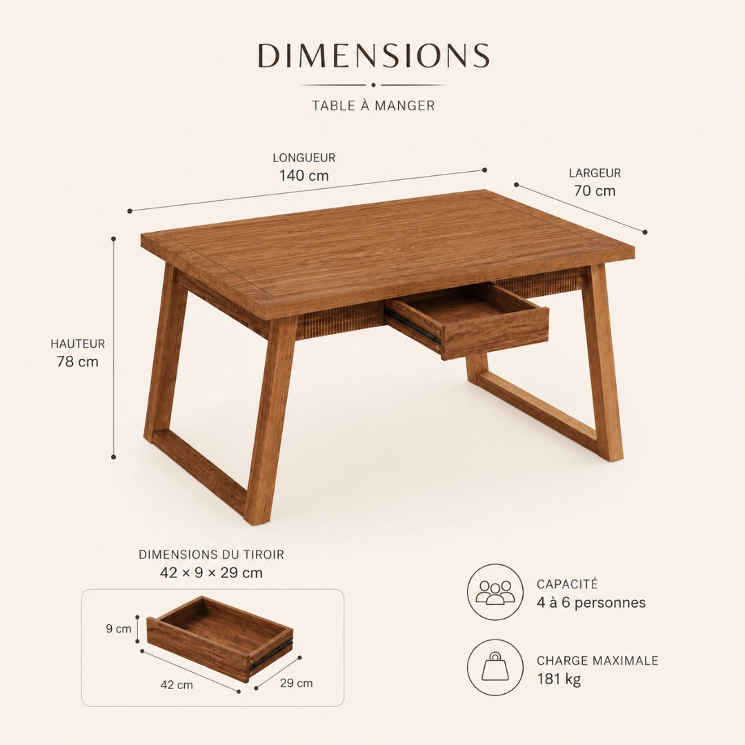 Table Rectangulaire 140 cm Mid-Century Modern - Bois Massif & MDF, Tiroir Cannage Intégré | 4 à 6 Personnes