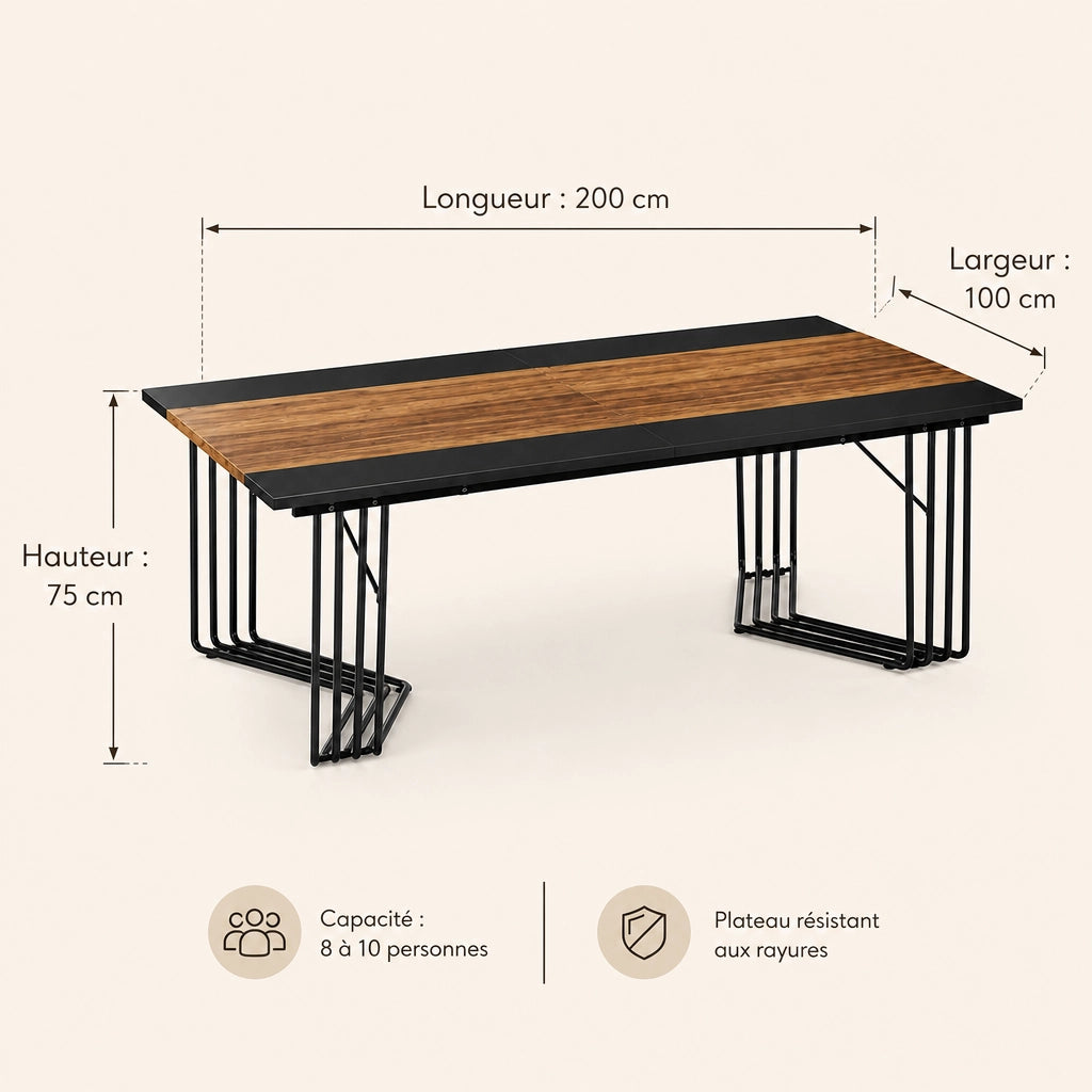 Grande Table Rectangulaire 200 cm Style Industriel - Plateau Bicolore Bois & Noir, Cadre Métal Barreaux | 8 à 10 Personnes