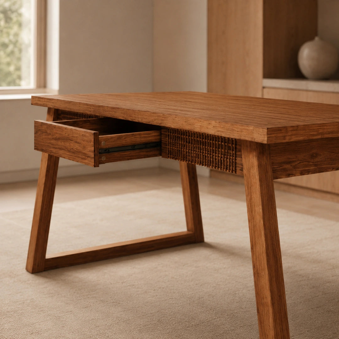 Table Rectangulaire 140 cm Mid-Century Modern - Bois Massif & MDF, Tiroir Cannage Intégré | 4 à 6 Personnes