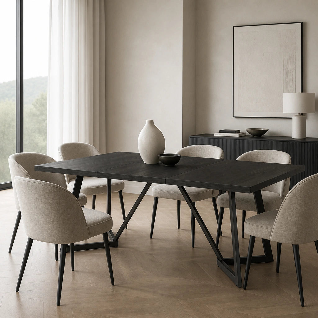 Table Rectangulaire 180 cm Noir Mat - Plateau Bois d'Ingénierie & Pieds Métal Géométriques | 6 à 8 Personnes