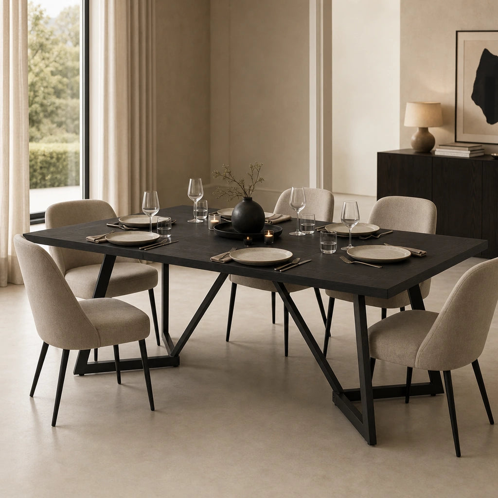 Table Rectangulaire 180 cm Noir Mat - Plateau Bois d'Ingénierie & Pieds Métal Géométriques | 6 à 8 Personnes