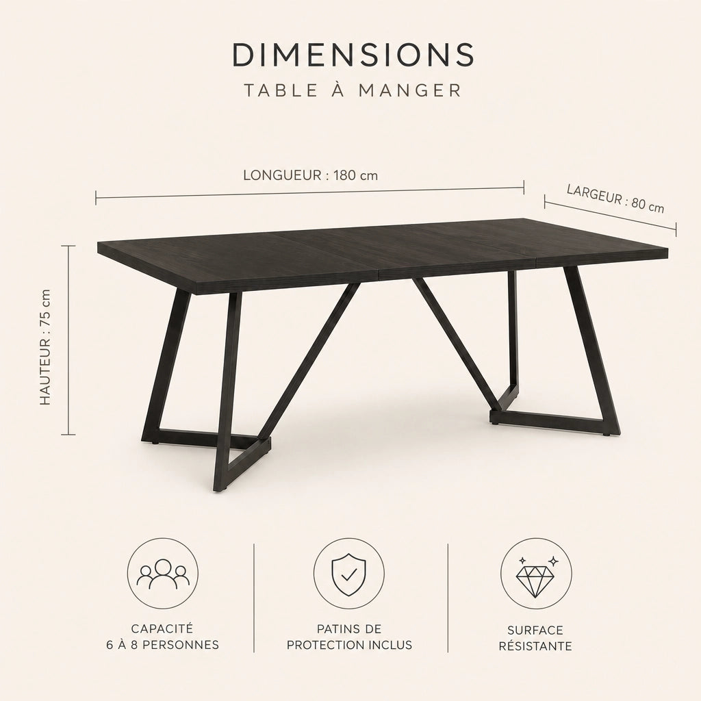 Table Rectangulaire 180 cm Noir Mat - Plateau Bois d'Ingénierie & Pieds Métal Géométriques | 6 à 8 Personnes