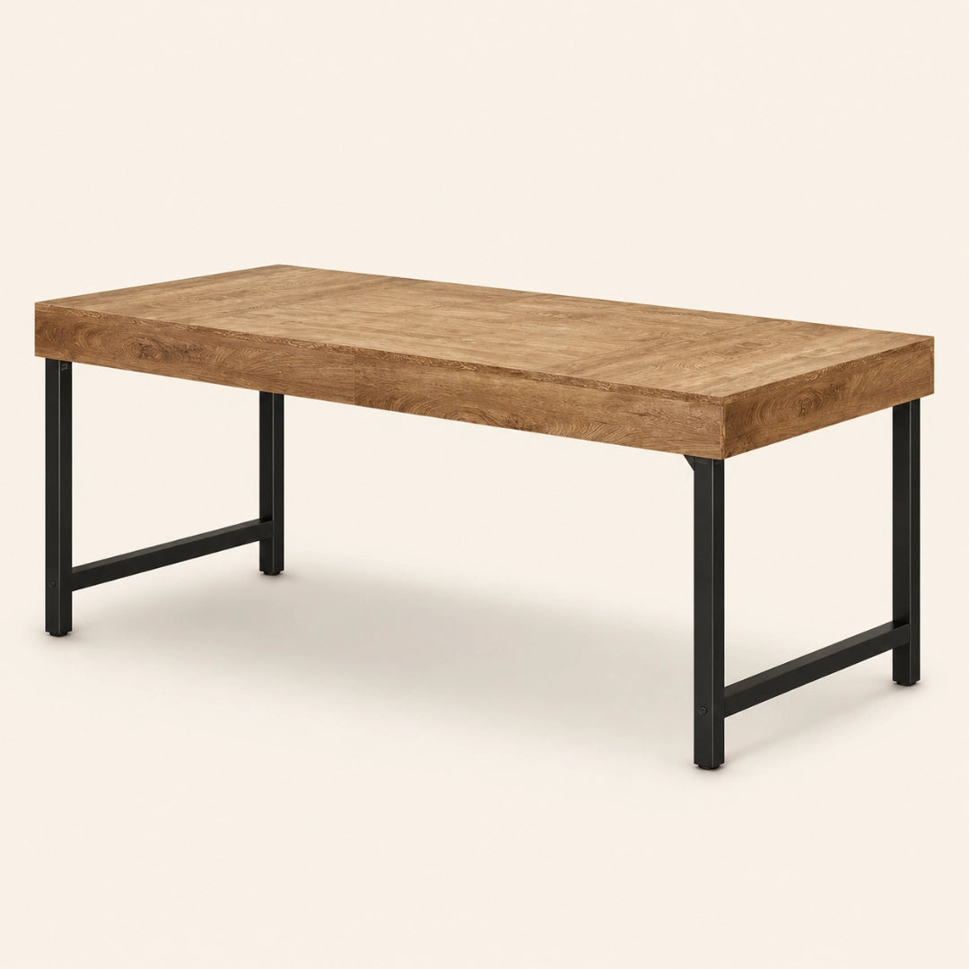 Table Rectangulaire 140 cm Style Industriel - Plateau MDF Grain Bois & Pieds Métal Noir | 4 à 6 Personnes