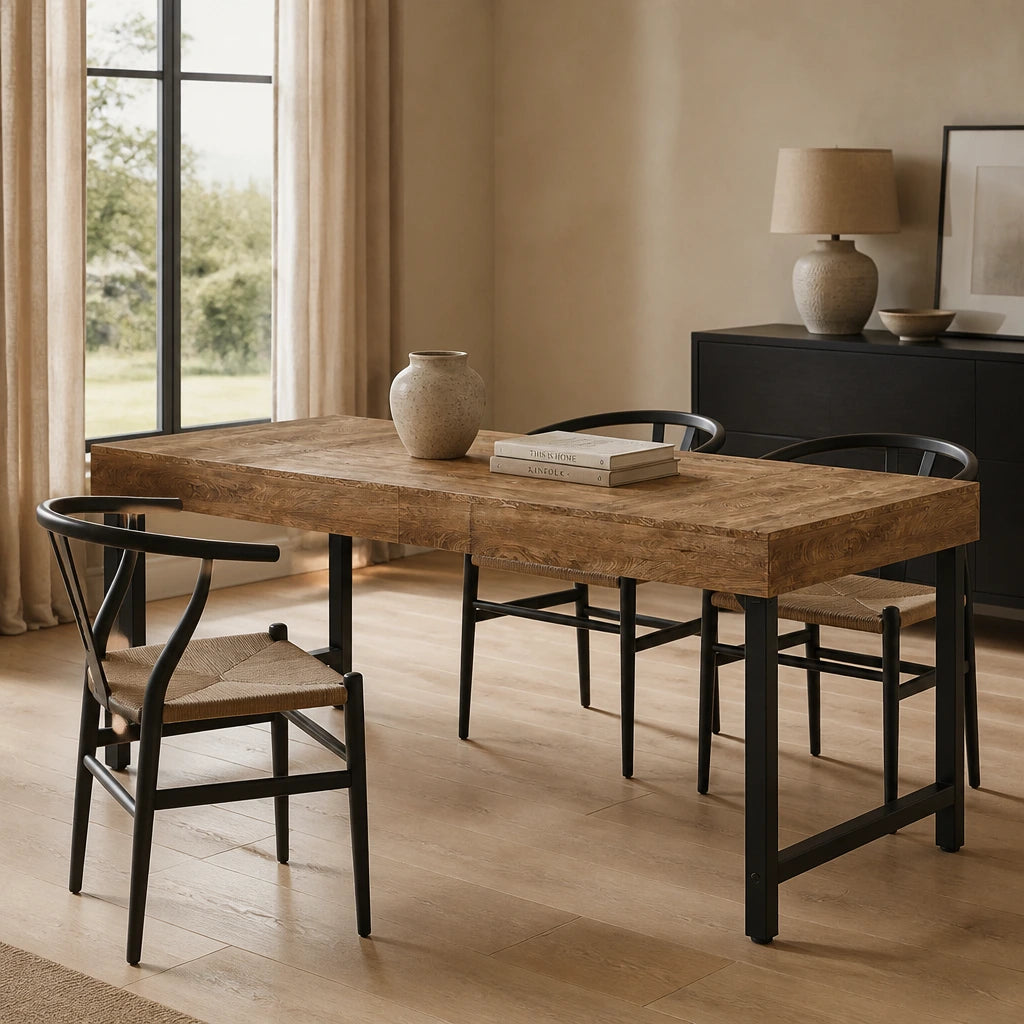 Table Rectangulaire 140 cm Style Industriel - Plateau MDF Grain Bois & Pieds Métal Noir | 4 à 6 Personnes