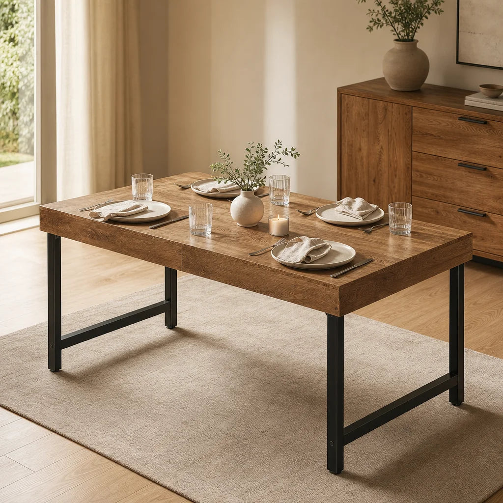Table Rectangulaire 140 cm Style Industriel - Plateau MDF Grain Bois & Pieds Métal Noir | 4 à 6 Personnes