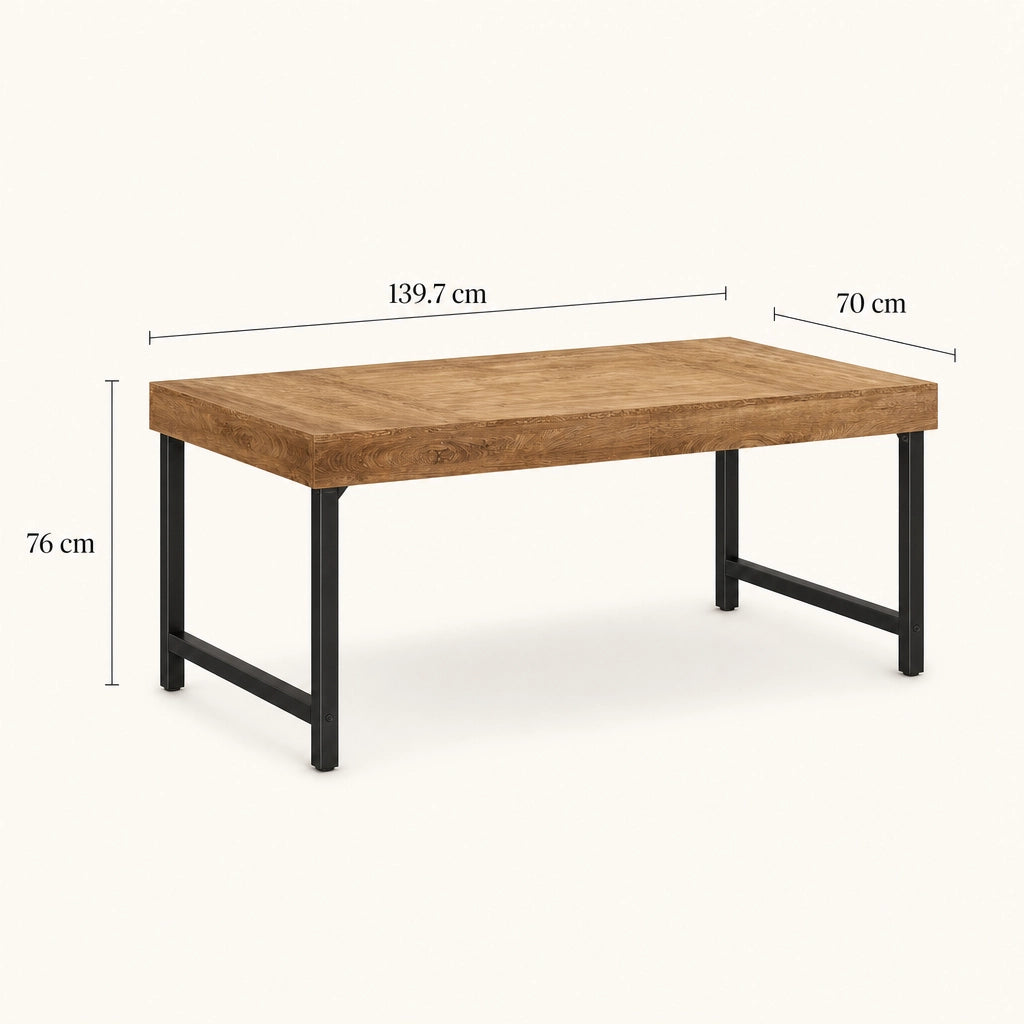 Table Rectangulaire 140 cm Style Industriel - Plateau MDF Grain Bois & Pieds Métal Noir | 4 à 6 Personnes