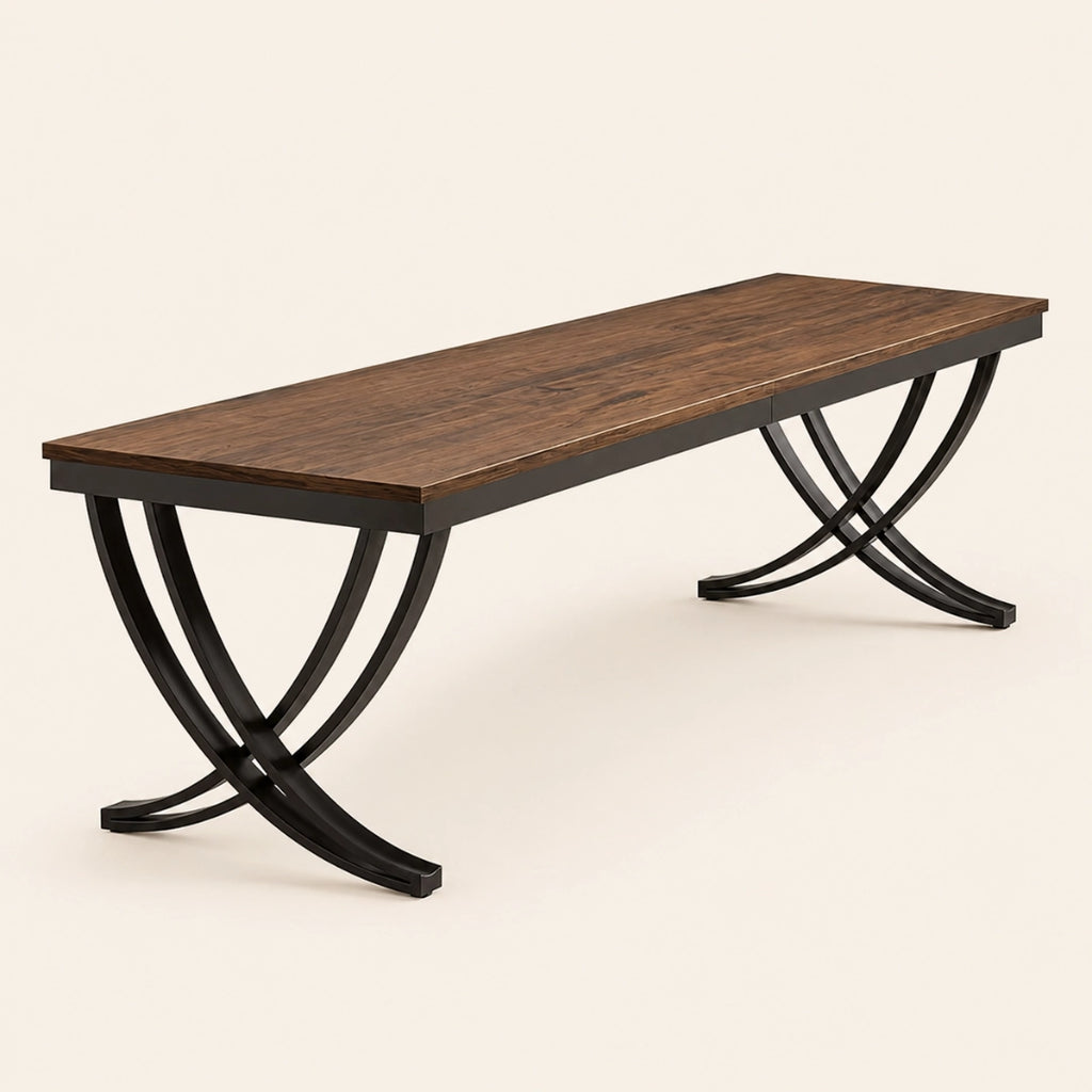 Grande Table Rectangulaire 200 cm Style Industriel - Plateau MDF Brun Rustique & Pieds Métal Arqués Noirs | 6 à 8 Personnes
