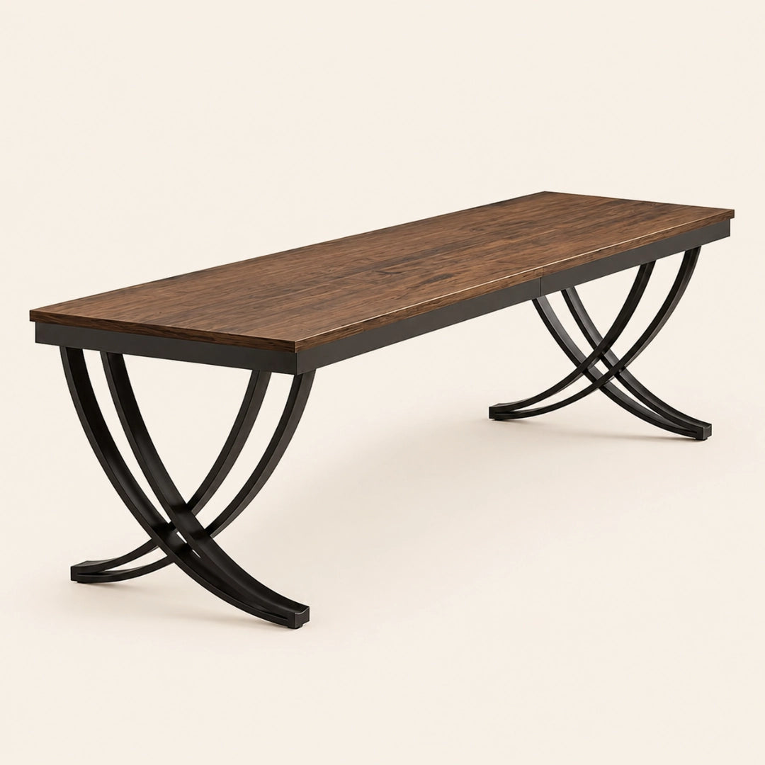 Grande Table Rectangulaire 200 cm Style Industriel - Plateau MDF Brun Rustique & Pieds Métal Arqués Noirs | 6 à 8 Personnes