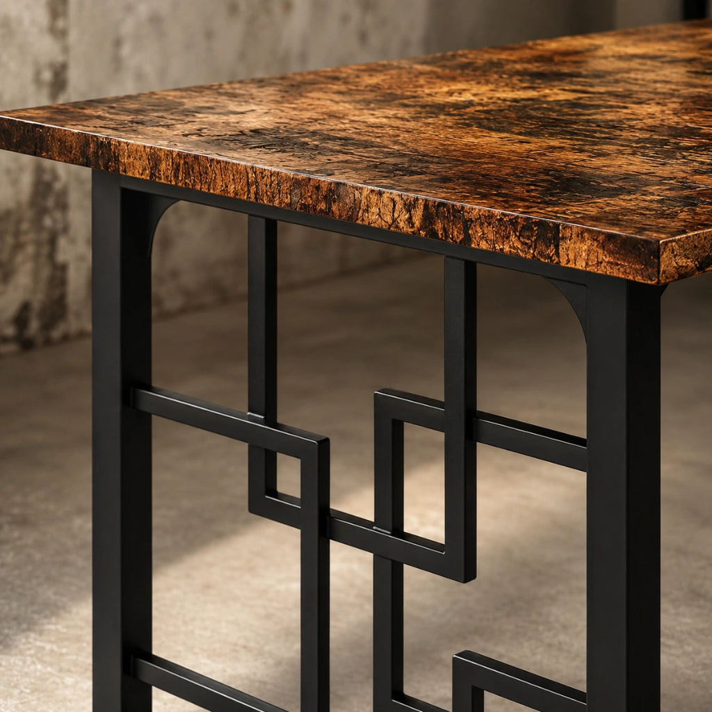 Table Rectangulaire 160 cm Style Industriel - Plateau Brun Rustique & Pieds Métal Motif Géométrique | 6 Personnes