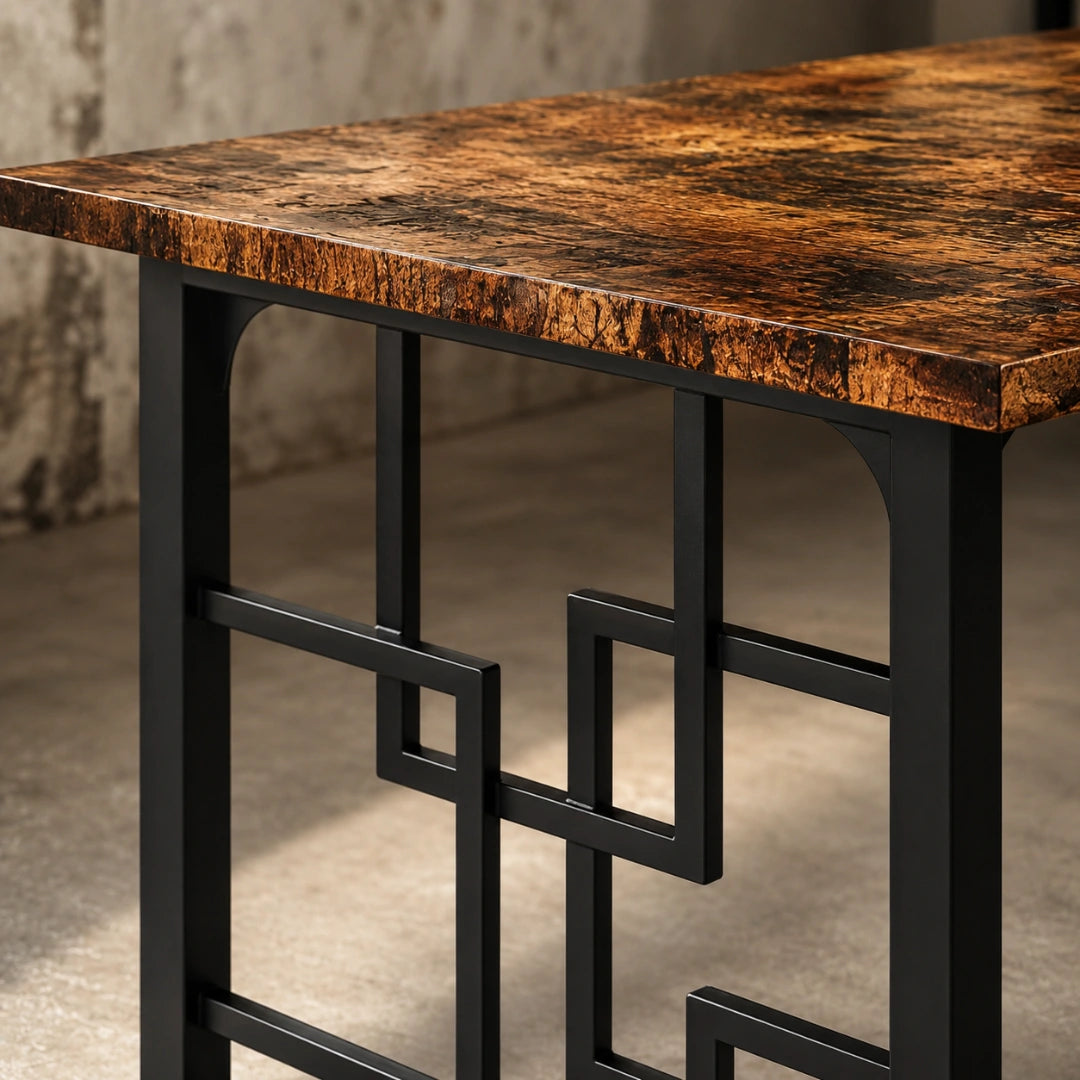 Table Rectangulaire 160 cm Style Industriel - Plateau Brun Rustique & Pieds Métal Motif Géométrique | 6 Personnes