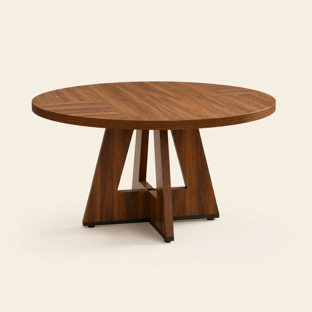 Table Ronde 120 cm Finition Noyer - Plateau Chevron & Socle Géométrique en Bois | 4 à 6 Personnes