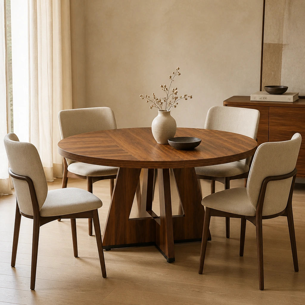 Table Ronde 120 cm Finition Noyer - Plateau Chevron & Socle Géométrique en Bois | 4 à 6 Personnes