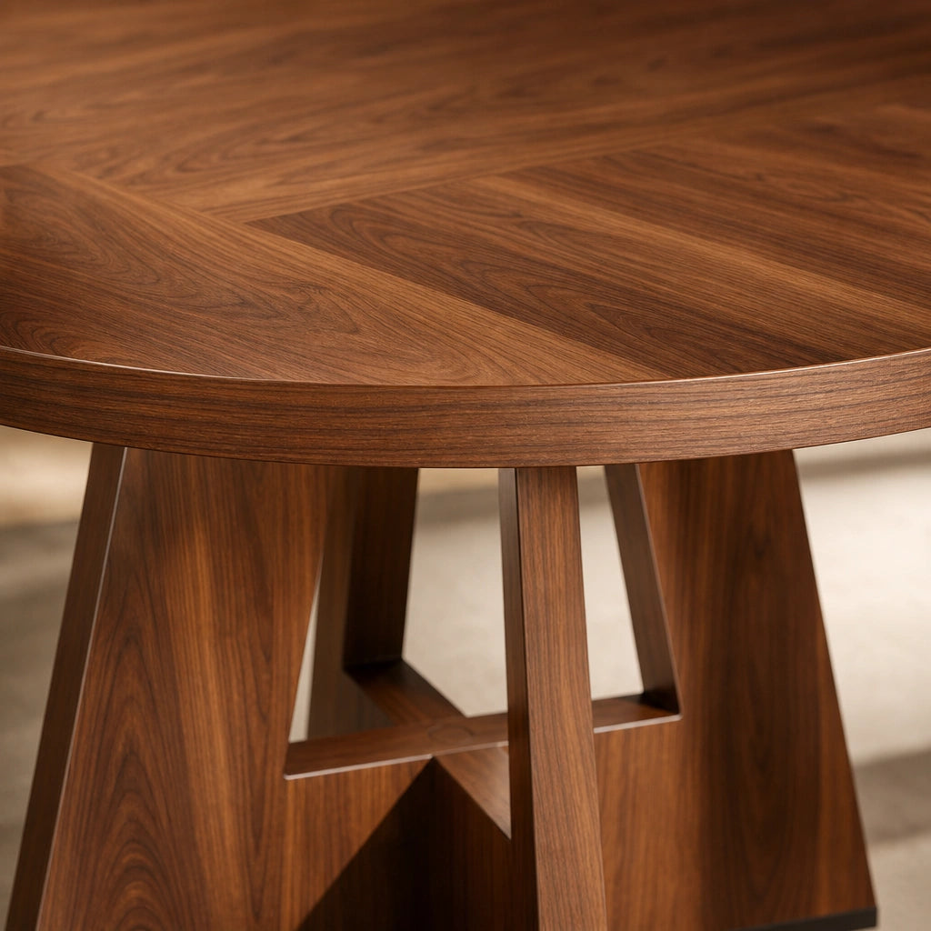 Table Ronde 120 cm Finition Noyer - Plateau Chevron & Socle Géométrique en Bois | 4 à 6 Personnes