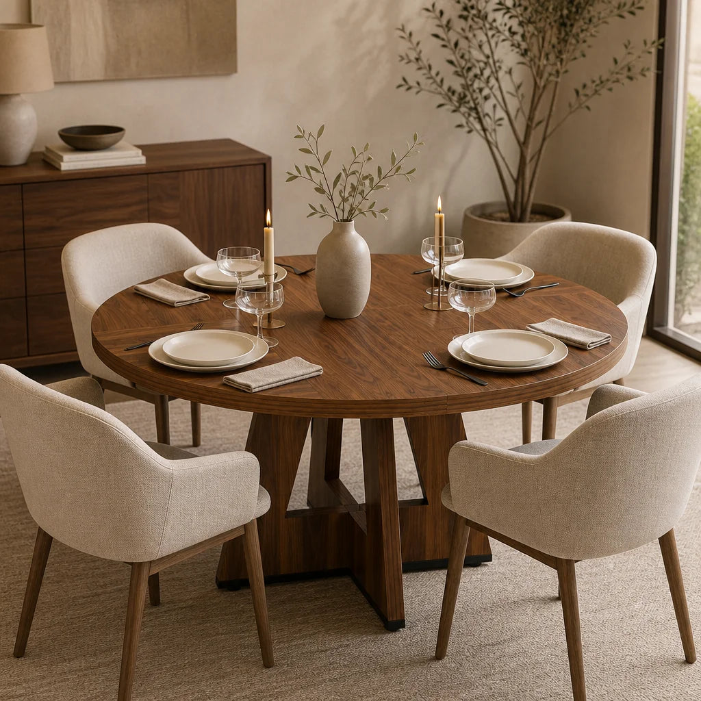 Table Ronde 120 cm Finition Noyer - Plateau Chevron & Socle Géométrique en Bois | 4 à 6 Personnes