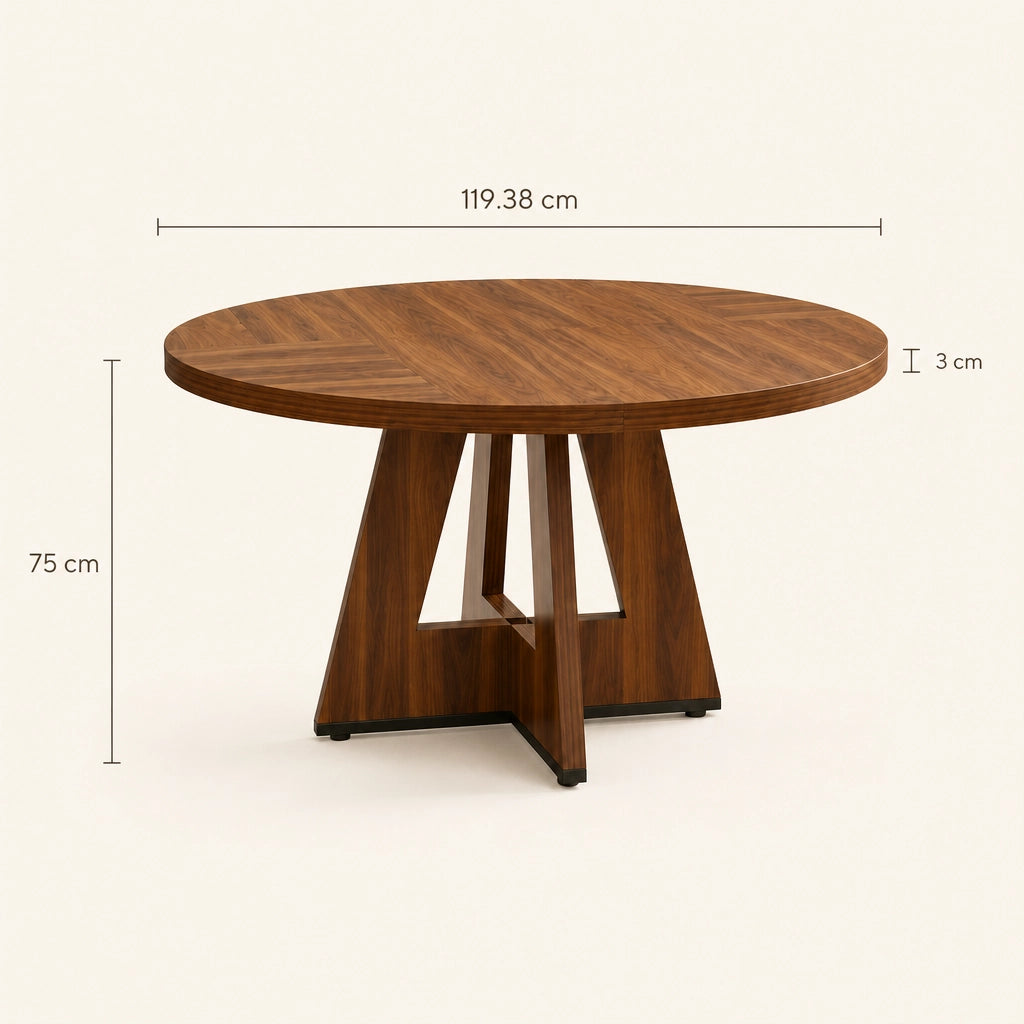 Table Ronde 120 cm Finition Noyer - Plateau Chevron & Socle Géométrique en Bois | 4 à 6 Personnes