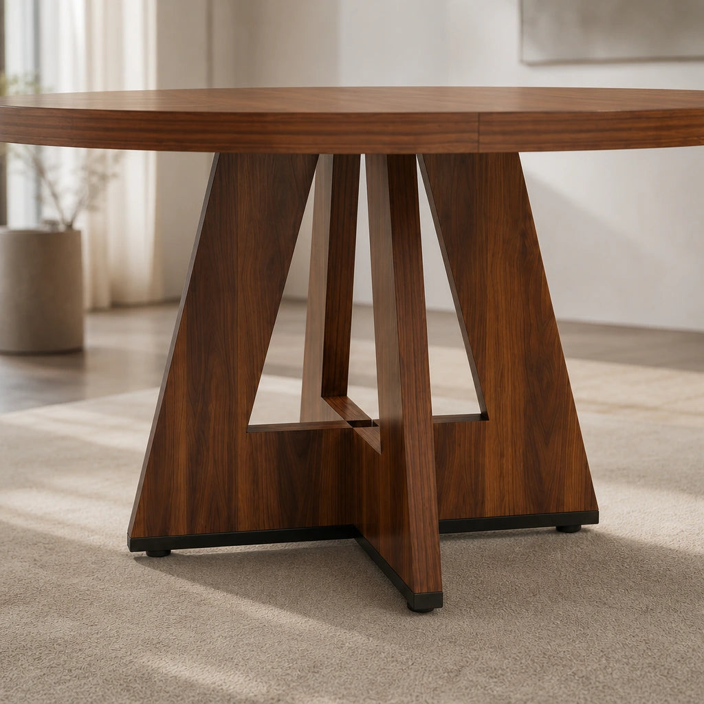 Table Ronde 120 cm Finition Noyer - Plateau Chevron & Socle Géométrique en Bois | 4 à 6 Personnes