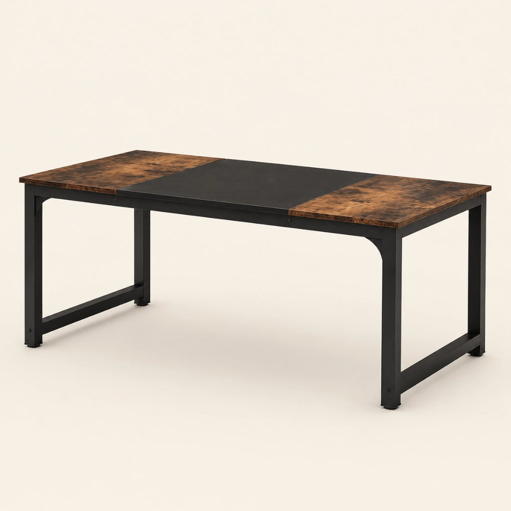 Table Rectangulaire 160 cm Style Industriel - Plateau Bicolore Bois Rustique & Noir, Pieds Métal | 4 à 6 Personnes