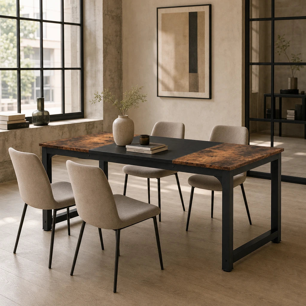 Table Rectangulaire 160 cm Style Industriel - Plateau Bicolore Bois Rustique & Noir, Pieds Métal | 4 à 6 Personnes