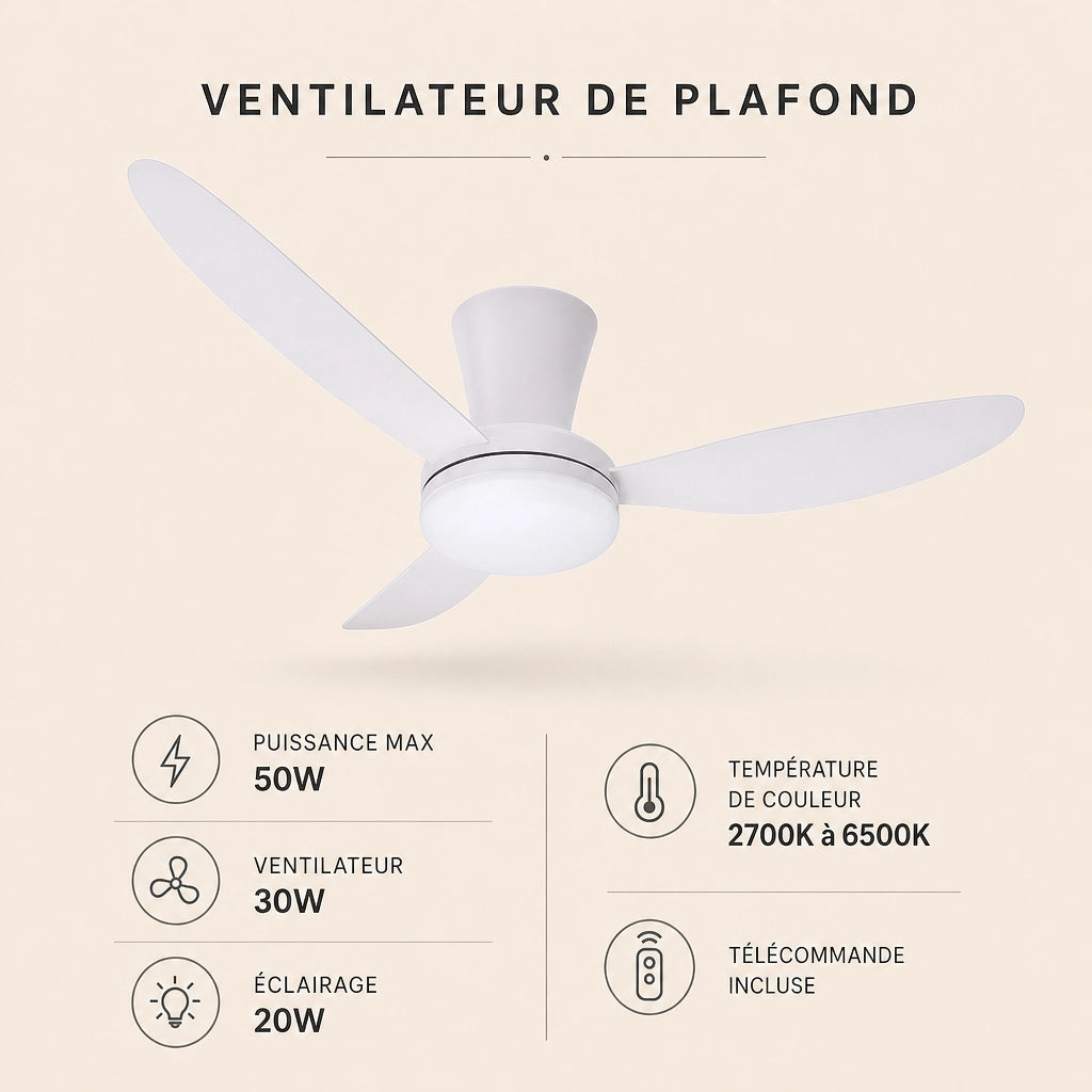 Ventilateur de Plafond Moderne 3-6 Pales - Moteur DC & LED Tricolore | Silencieux 30-34 dB