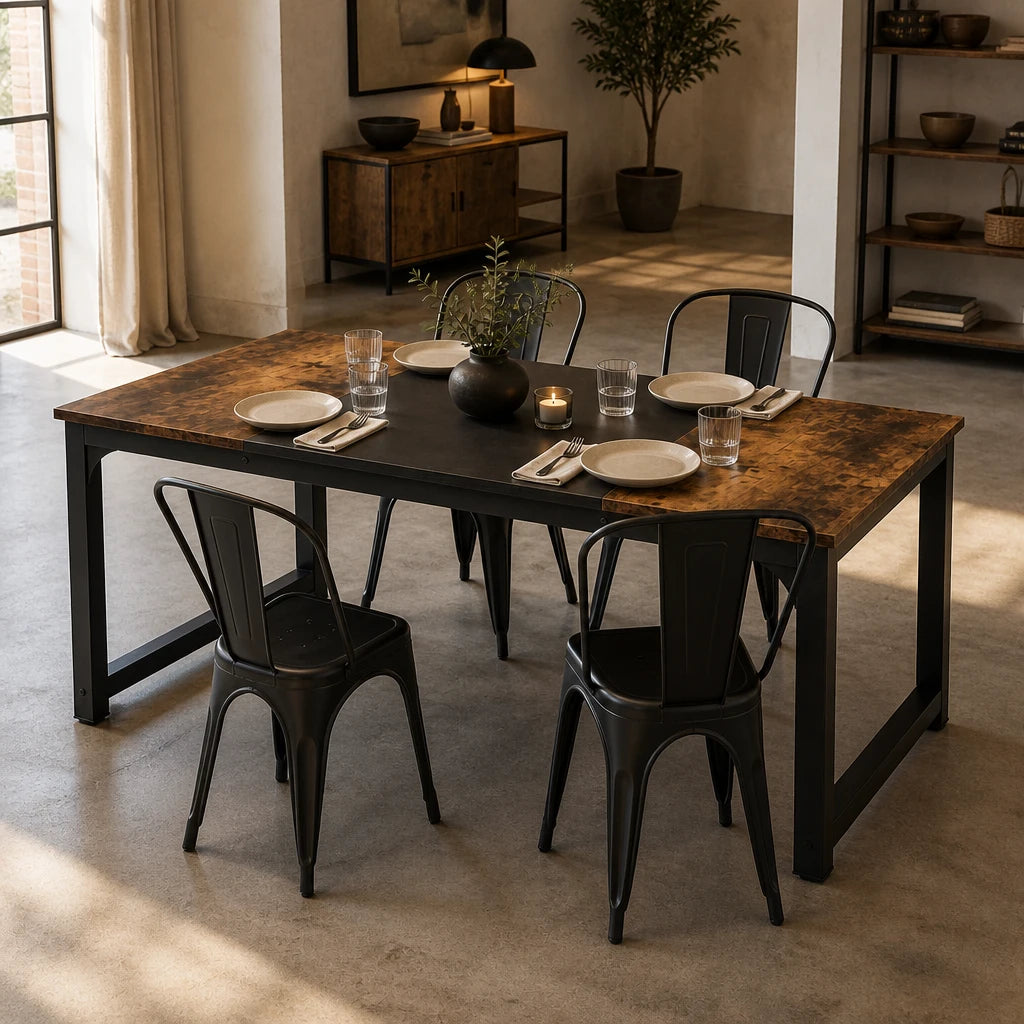 Table Rectangulaire 160 cm Style Industriel - Plateau Bicolore Bois Rustique & Noir, Pieds Métal | 4 à 6 Personnes
