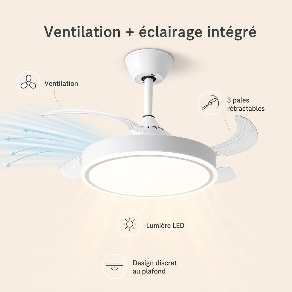 Ventilateur de Plafond Silencieux - LED Dimmable, Réversible & Profil Bas | Chambre et Salon