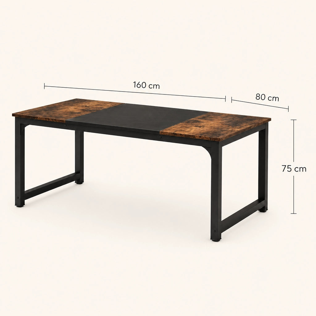 Table Rectangulaire 160 cm Style Industriel - Plateau Bicolore Bois Rustique & Noir, Pieds Métal | 4 à 6 Personnes