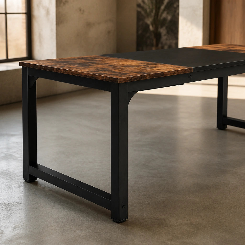 Table Rectangulaire 160 cm Style Industriel - Plateau Bicolore Bois Rustique & Noir, Pieds Métal | 4 à 6 Personnes