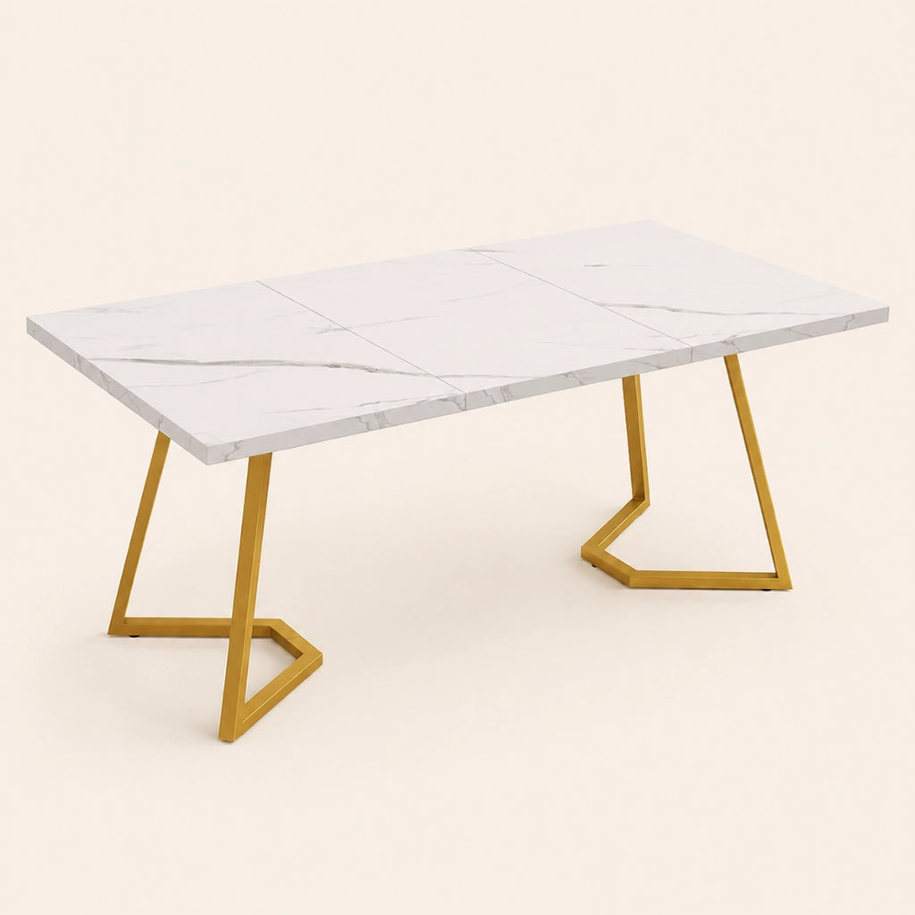 Table Rectangulaire 140 cm Blanc & Or - Plateau Effet Marbre & Pieds Métal Dorés | 6 Personnes
