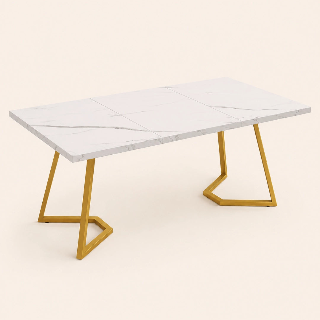 Table Rectangulaire 140 cm Blanc & Or - Plateau Effet Marbre & Pieds Métal Dorés | 6 Personnes